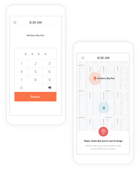 Restaurant Time Clocking Software for Employees Mobile view of the 7shifts time clocking app for restaurants.